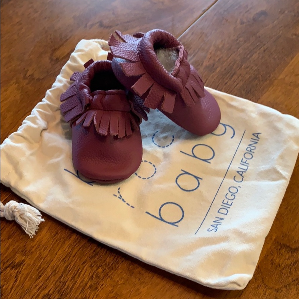 Purple leather fringe moccasins baby